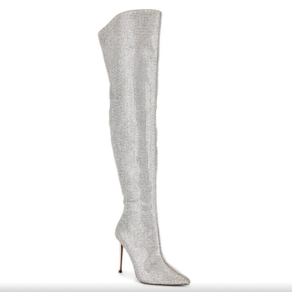 NWT Steve Madden Rhinestone Studded Silver Skyscraper Over Knee Stiletto Boots
